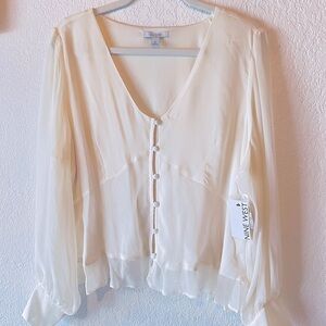 Nine West Long Sleeve V-Neck Button Front Blouse (Cream - Daisy Dew) NWT